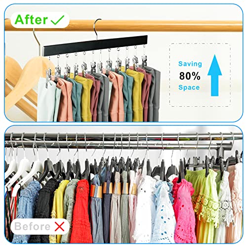 Pant Organizer for Closet, Knaive 2 Pack Pants Hangers Space Saving with 24 Strong Grip Clips Holds Leggings/Jeans/Hats/Wigs, Closet Organizer and Storage, Black Wood Hanger for Women Gift