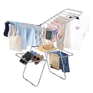 super deal clothes drying rack with socks clips, 2 tier gullwing laundry rack adjustable and foldable wings for easy storage heavy duty stainless steel, silver