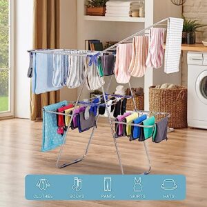 SUPER DEAL Clothes Drying Rack with Socks Clips, 2 Tier Gullwing Laundry Rack Adjustable and Foldable Wings for Easy Storage Heavy Duty Stainless Steel, Silver