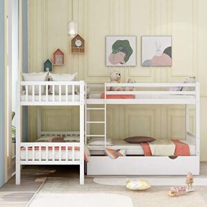 hyc l-shaped bunk bed with drawers, bunk bed for 4 twin over twin for boys girls kids teen wood quad bunk beds frame, white