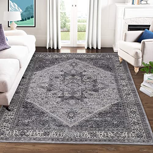 GlowSol Distressed Vintage Area Rug 4×6 Persian Area Rug for Living Room Non-Shedding Rug Low Pile Carpet Non Slip Rug for Bedroom Living Room Dining Room Home Office, Grey