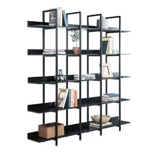 calabash bookcases and bookshelves triple wide 5 tiers industrial bookshelf, large tall bookcase open display shelves with metal frame for living room bedroom library home office(black)