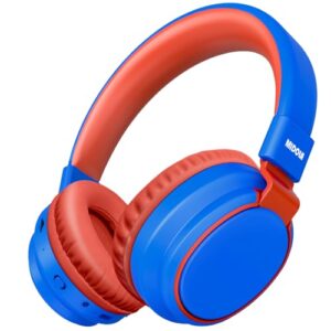 midola headphones kids bluetooth wireless volume limited 85/110db over on ear foldable noise protection headset/wired inline cable aux 3.5mm mic for child boy girl travel school pad tablet blue