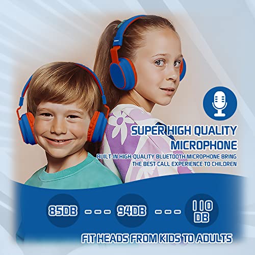 MIDOLA Headphones Kids Bluetooth Wireless Volume Limited 85/110dB Over On Ear Foldable Noise Protection Headset/Wired Inline Cable AUX 3.5mm Mic for Child Boy Girl Travel School Pad Tablet Blue