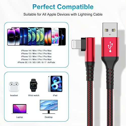 iPhone Charger 6ft (3Pack), Apple MFi Certified 6Feet 90 Degree Nylon Braided Lightning Cable Right Angle 6Foot iPhone Charging Cord for Apple iPhone 14 13 12 11 Pro X XS XR 8 Plus 7/6/5-Red