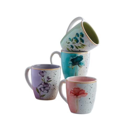 Corona Mugs set of 4 | Perfect for Coffee and Tea Lovers | Armonia | 13.4 Oz -380cc |Cerámica| Hand painted & romantic design| Multicolored Decor