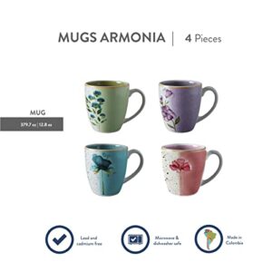 Corona Mugs set of 4 | Perfect for Coffee and Tea Lovers | Armonia | 13.4 Oz -380cc |Cerámica| Hand painted & romantic design| Multicolored Decor