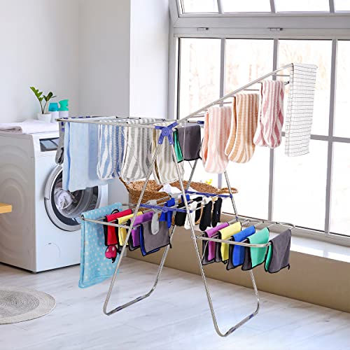 ZenStyle Clothes Drying Rack, 2-Level Laundry Drying Rack with Sock Clips, Stainless Steel Foldable Laundry Hanger with Height-Adjustable Gullwings for Clothes, Towels, Sheets, Silver