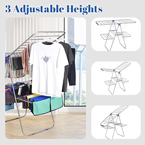 ZenStyle Clothes Drying Rack, 2-Level Laundry Drying Rack with Sock Clips, Stainless Steel Foldable Laundry Hanger with Height-Adjustable Gullwings for Clothes, Towels, Sheets, Silver