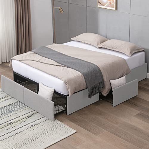 Mixoy Platform Bed Frame with 4 Large Storage Drawers, Metal Slats Support, No Box Spring Needed, Easy Assembly (Cal King, Light Grey)