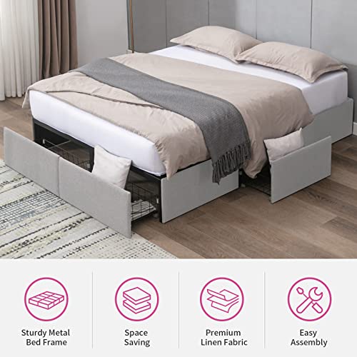 Mixoy Platform Bed Frame with 4 Large Storage Drawers, Metal Slats Support, No Box Spring Needed, Easy Assembly (Cal King, Light Grey)