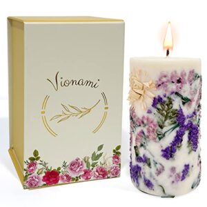 vionami aloha kiwi passionfruit scented pillar candle with dried flowers - long burning natural soy wax scented candle for home - gift-boxed hand poured luxury candle with paper core wick (forget me)