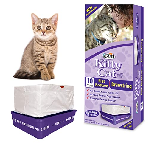 Alfapet Flat Bottom Cat Litter Box Liners, Pack of 20 - Super Heavy Duty Kitty Litter Bags with Drawstring for Poop and Liquid Waste - Jumbo Design for Extra Large Cat Pans