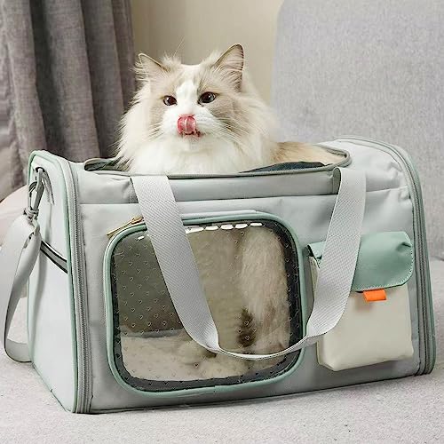 H.S.C PET Light Green Pet Carrier for Adult Cat 15 lbs,Soft Sided Small Dog Travel Carrier Top Load/Collapsible Carrier Bag for Large Cat,Kittens Sturdy Transport Carrier Long Trips/Medium Kitty