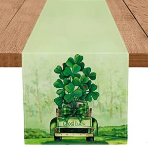 st patricks day table runner shamrock good luck truck green burlap spring holiday kitchen dining banquet indoor outdoor decorations family party decor 13 x 72 inch