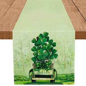 St Patricks Day Table Runner Shamrock Good Luck Truck Green Burlap Spring Holiday Kitchen Dining Banquet Indoor Outdoor Decorations Family Party Decor 13 x 72 Inch