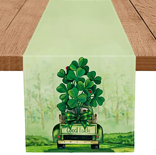 St Patricks Day Table Runner Shamrock Good Luck Truck Green Burlap Spring Holiday Kitchen Dining Banquet Indoor Outdoor Decorations Family Party Decor 13 x 72 Inch