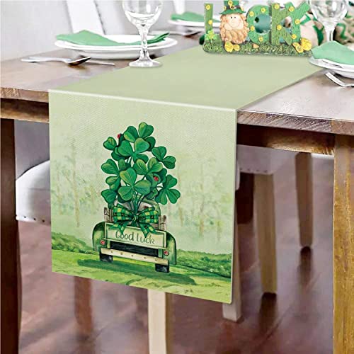 St Patricks Day Table Runner Shamrock Good Luck Truck Green Burlap Spring Holiday Kitchen Dining Banquet Indoor Outdoor Decorations Family Party Decor 13 x 72 Inch