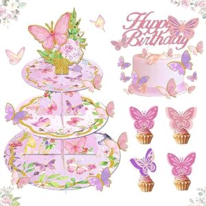 34 pcs butterfly cupcake stand 3-tier and topper set, fiesec floral butterfly birthday party decorations baby shower supplies cardboard dessert tower holder round serving stand 3d butterfly for girl