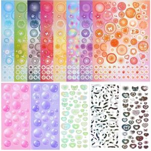 hinzic 18 sheets deco stickers kpop colorful korean stickers for photocards glitter ribbon bow heart bubble star scrapbook stickers for water bottles album keyholder diy decor card making