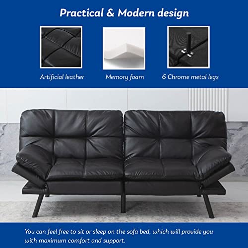 MLILY Modern Futon Sofa Bed, Convertible Sofa Loveseat with Adjustable Backrest and Armrest, Memory Foam Sleeper Couch Bed for Office, Living Room, Bedroom and Sitting Room, Black