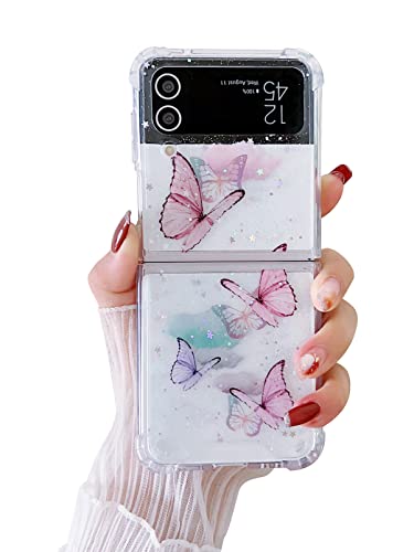 MUNDULEA Compatible Samsung Flip 4 Case Clear Women Girls Pink Butterfly Stars Sparkle Glitter Anti-Scratch Shockproof Soft TPU Phone Cases for Samsung Galaxy Z Flip 4 (Butterfly Pink)