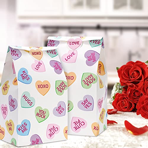 Whaline Valentine's Day Party Favor Bags Conversation Heart Goody Bags Colorful Kraft Paper Gift Bags Holiday Treat bags with Gift Tag Stickers for Valentine's Day Birthday Party Supplies Gift Wrap, 36Pcs