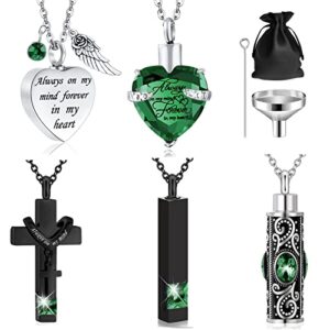 5 pack urn necklace for ashes, cremation jewelry for ashes, crystal heart cross cubic ashes necklace with angel wing, ashes keepsake for men and women with small spoon, funnel, velvet bag (green)