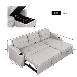 Merax L Shaped Sectional Sofa with Pull-Out Sleeper Bed Chaise Lounge for Living Room, Apartment or Small Spaces Love Seats, Antique Gray w/Storage