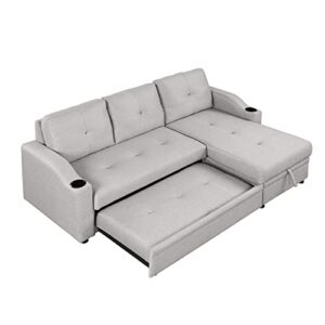 Merax L Shaped Sectional Sofa with Pull-Out Sleeper Bed Chaise Lounge for Living Room, Apartment or Small Spaces Love Seats, Antique Gray w/Storage