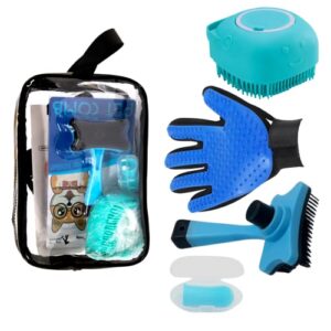 pets grooming kit with clear bag with dogs accesories inside. includes cat and dog teeth cleaning, shampoo brush, deshedding brush for cats, dog brush for shedding and brush glove. best for dog wash station. good alternative of pet supplies or cat accesso