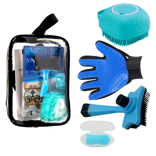 Pets Grooming Kit with Clear bag with dogs accesories inside. includes cat and dog teeth cleaning, shampoo brush, deshedding brush for cats, dog brush for shedding and brush glove. Best for dog wash station. Good alternative of pet supplies or cat accesso