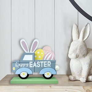 Eternhome Easter Decor Truck Eggs Bunny Block Happy Easter Wooden Table Decorations Farmhouse Rustic Cute Rabbit Ears Sign for Home Room, Tiered Tray, Fireplace, Shelf