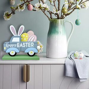 Eternhome Easter Decor Truck Eggs Bunny Block Happy Easter Wooden Table Decorations Farmhouse Rustic Cute Rabbit Ears Sign for Home Room, Tiered Tray, Fireplace, Shelf