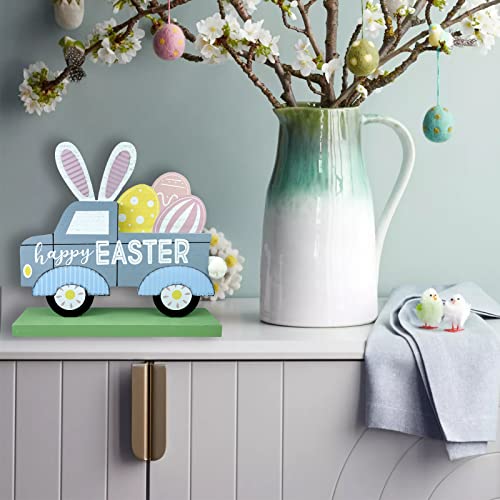 Eternhome Easter Decor Truck Eggs Bunny Block Happy Easter Wooden Table Decorations Farmhouse Rustic Cute Rabbit Ears Sign for Home Room, Tiered Tray, Fireplace, Shelf