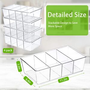 Moretoes 4 Pack Clear Plastic Storage Bins, Snack Organizer, Food Storage Organizer Bins for Pantry, Kitchen, Fridge, Cabinet, 4 Compartment Holder for Organize Packets, Spices, Pouches, Snacks