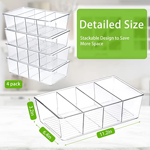 Moretoes 4 Pack Clear Plastic Storage Bins, Snack Organizer, Food Storage Organizer Bins for Pantry, Kitchen, Fridge, Cabinet, 4 Compartment Holder for Organize Packets, Spices, Pouches, Snacks