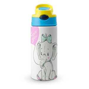water bottle with straw cute elephant insulated stainless steel vacuum cup 500ml for school 7.5x2.7 in