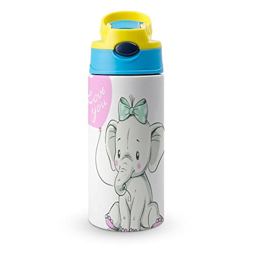 Water Bottle With Straw Cute Elephant Insulated Stainless Steel Vacuum Cup 500Ml For School 7.5x2.7 in