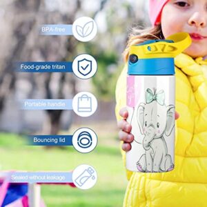 Water Bottle With Straw Cute Elephant Insulated Stainless Steel Vacuum Cup 500Ml For School 7.5x2.7 in