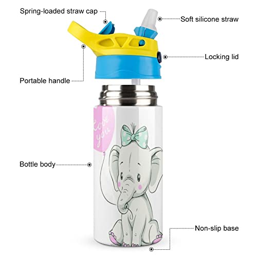 Water Bottle With Straw Cute Elephant Insulated Stainless Steel Vacuum Cup 500Ml For School 7.5x2.7 in