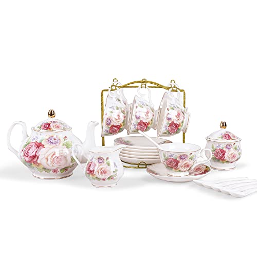 fanquare European Porcelain Coffee Set, Pink Women Tea Set, Bone China Tea Set, Vintage Floral Coffee Tea Pot with Cups