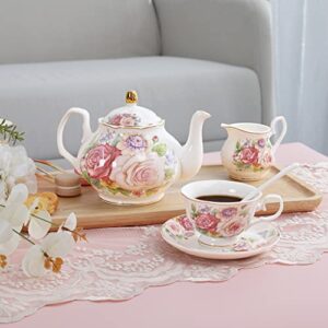 fanquare European Porcelain Coffee Set, Pink Women Tea Set, Bone China Tea Set, Vintage Floral Coffee Tea Pot with Cups