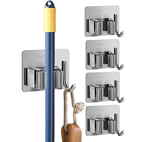 (4 PCS) Broom Holder Wall Mount self Adhesive Mop Hanger Hook Racks Brush Broom Gripper Holds 304 Stainless Steel for Bathroom Kitchen Closet Garage Garden Organizer