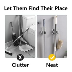 (4 PCS) Broom Holder Wall Mount self Adhesive Mop Hanger Hook Racks Brush Broom Gripper Holds 304 Stainless Steel for Bathroom Kitchen Closet Garage Garden Organizer