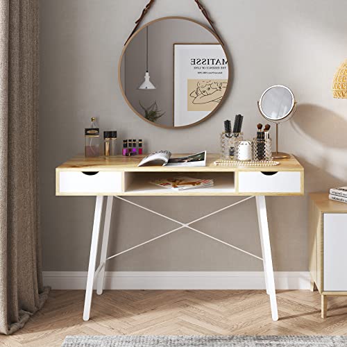 Need Computer Desk with Storage Desk Drawer Dressing Table,Writing Table Modern Desk with 2 Drawers, Makeup Vanity Table GCBG1019-ND, Oak