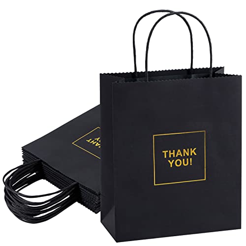 Dasofine Thank You Gift Bags 20pcs, 7.87"×3.7"×9.33" Thank You Bags with Handles, Sturdy Kraft Paper Bags with Handle, Gold Foil Black Thank You Bags for Retail, Wedding,Party, Baby Shower Shopping