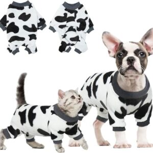 DENTRUN Small Dog Winter Warm Clothes Funny Puppy Milk Cow Sweater Costumes, Small Breed Pets Dog Cat Onesies Soft Flannel Pajamas