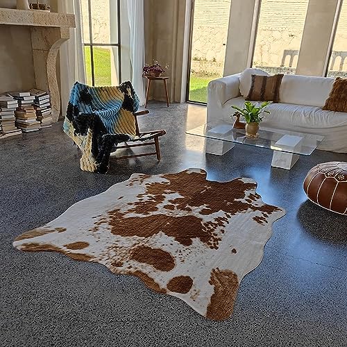 rugoo Premium Brown Cowhide Rug 4.6 ft x 6.6 ft Faux Cowhide Rug Cow Print Rug Faux Animal Skin Rug for Living Room Bedroom Nursery Western Decor