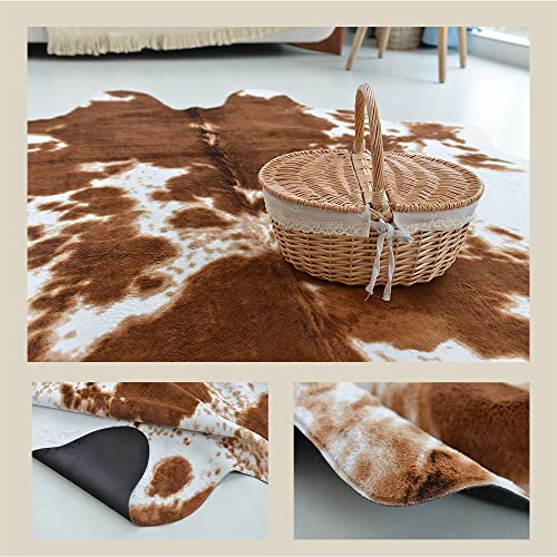 rugoo Premium Brown Cowhide Rug 4.6 ft x 6.6 ft Faux Cowhide Rug Cow Print Rug Faux Animal Skin Rug for Living Room Bedroom Nursery Western Decor